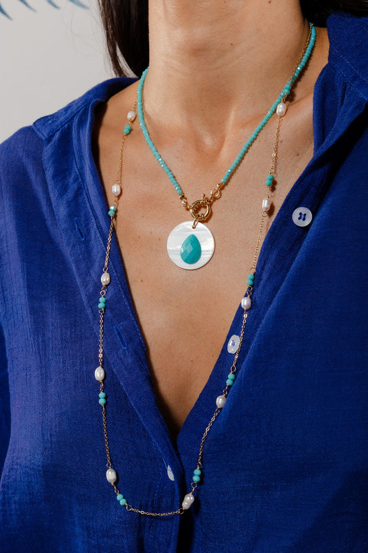 Pearl and Turquoise Crystals Long Necklace