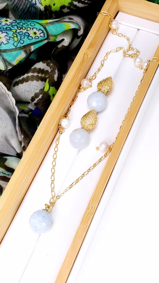 Angelite Aquamarine Jade Gem Necklace and Earring Set